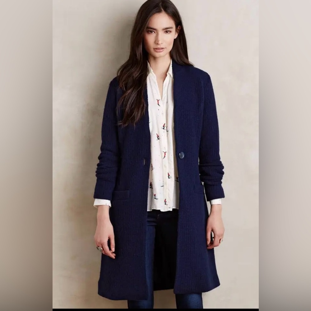 NWT Anthropologie Westwater Sweater Coat by Moth Blue Wool Blend Sz Small $228